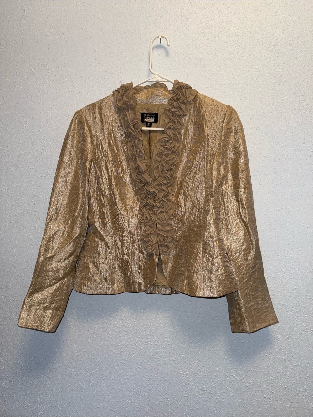 Adrianna Papell Gold Metallic Ruffle-Front Evening Jacket